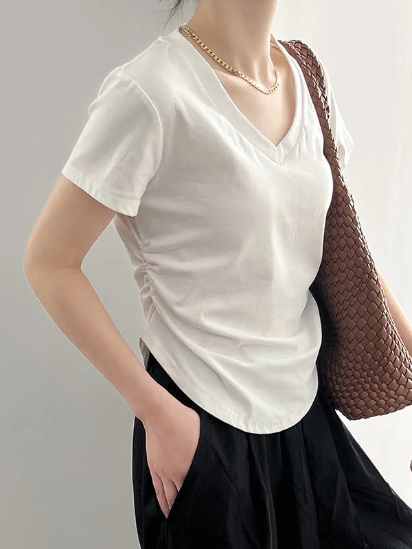 Solid Color Irregular clipping Short Sleeves V-neck T-Shirts Tops