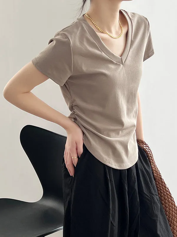 Solid Color Irregular clipping Short Sleeves V-neck T-Shirts Tops