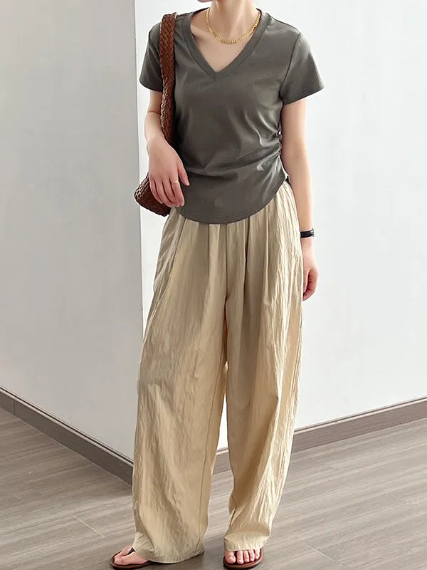 Solid Color Irregular clipping Short Sleeves V-neck T-Shirts Tops