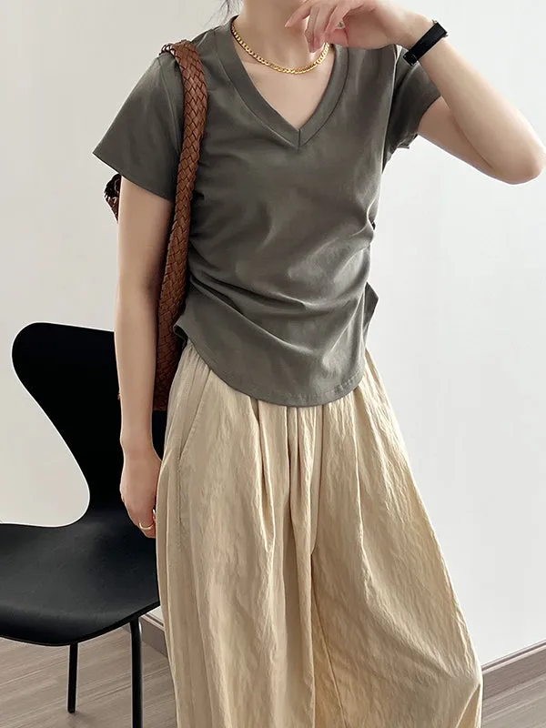 Solid Color Irregular clipping Short Sleeves V-neck T-Shirts Tops