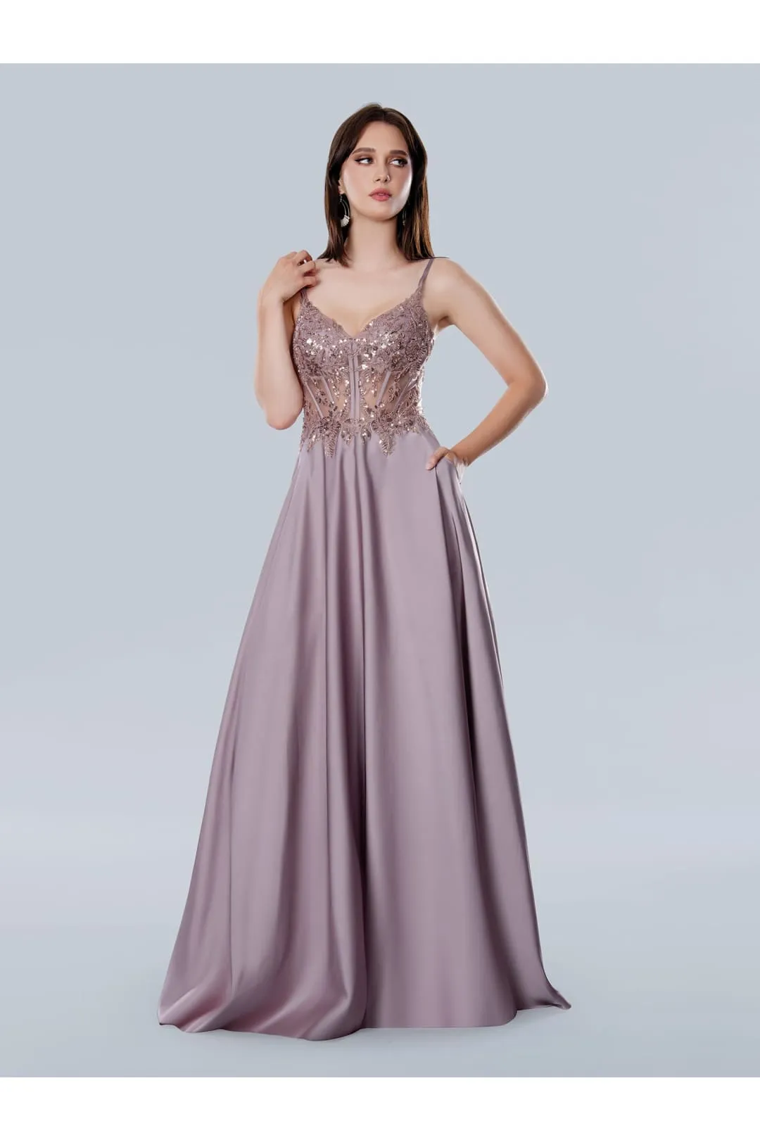 Stella Couture 25159 A Line Long Corset Formal Sequin Prom Dress