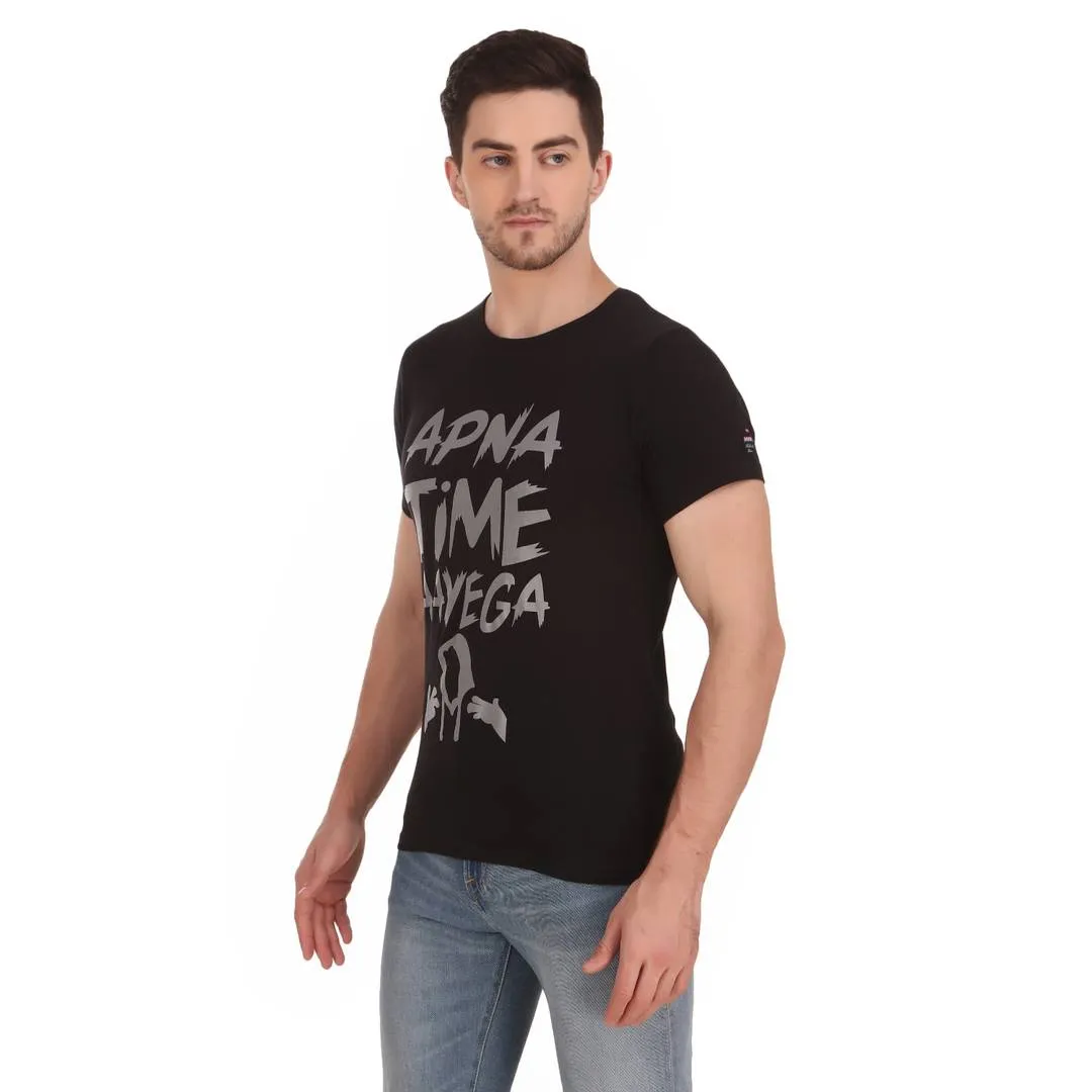 Stylish & Comfortable Round Neck APNA TIME AAYEGA Printed T-Shirt For Men's (Black)