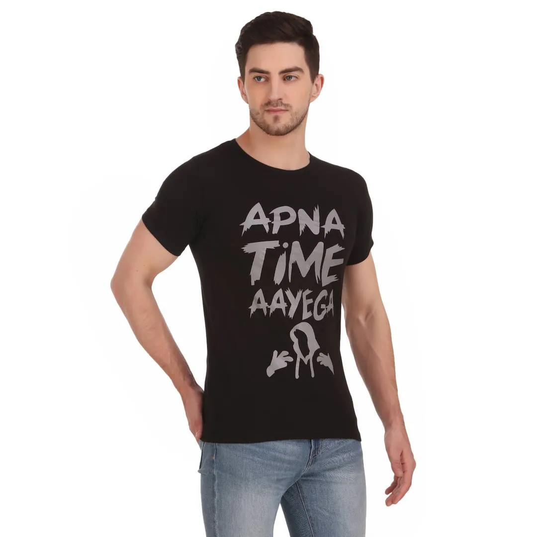 Stylish & Comfortable Round Neck APNA TIME AAYEGA Printed T-Shirt For Men's (Black)