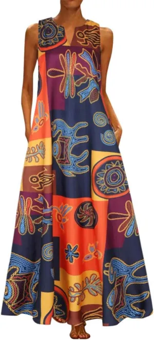 Summer Dresses for Women 2025,Women's African Print Maxi Dresses Casual Plus Size Sleeveless V Neck Beach Sundress