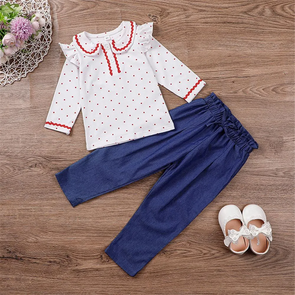 Toddler Girls Doll Collar Polka Dot Top & Denim Pants Wholesale Girl Clothing