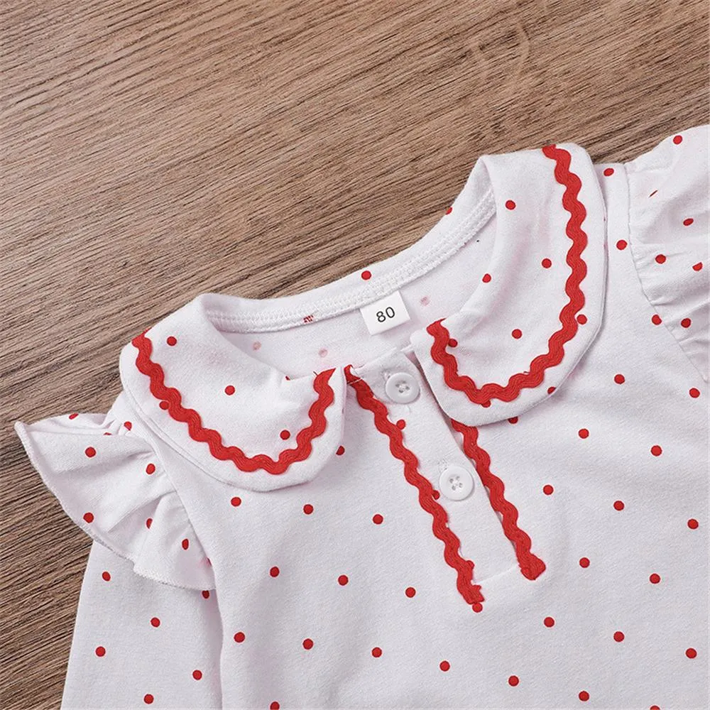 Toddler Girls Doll Collar Polka Dot Top & Denim Pants Wholesale Girl Clothing