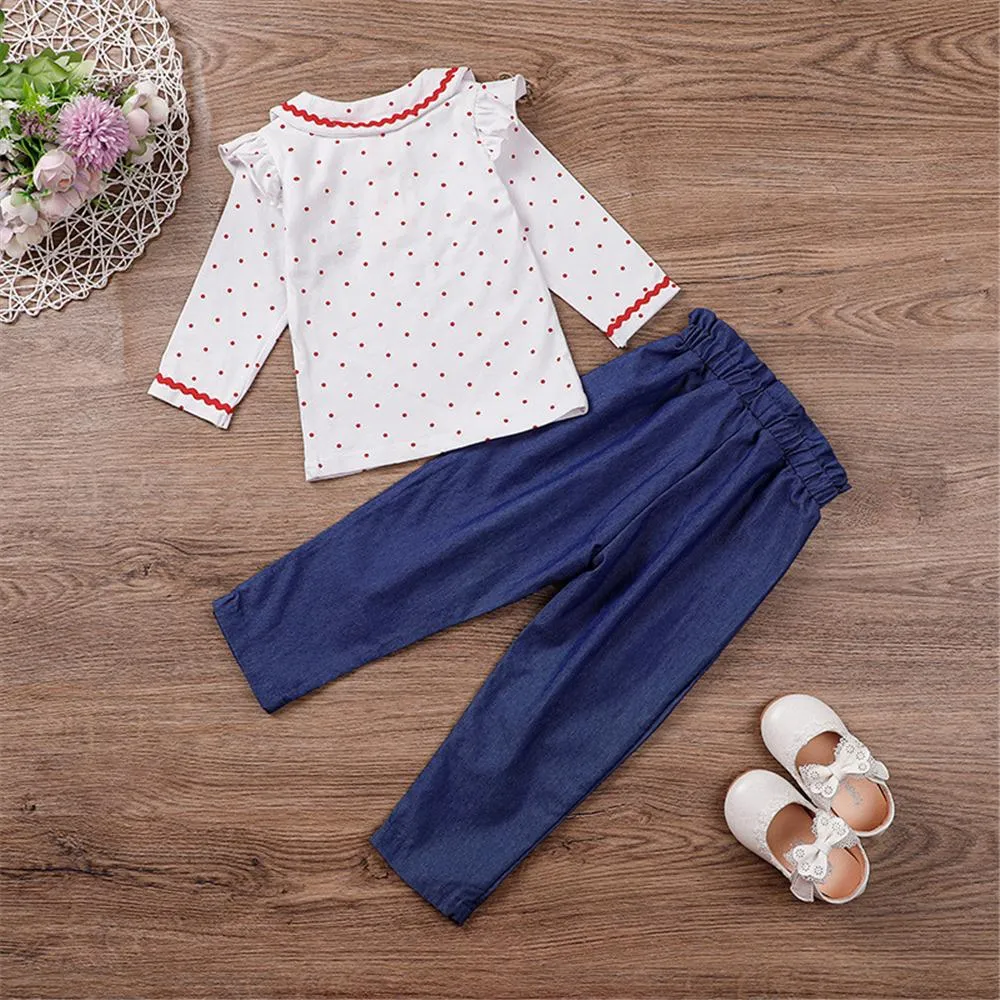 Toddler Girls Doll Collar Polka Dot Top & Denim Pants Wholesale Girl Clothing