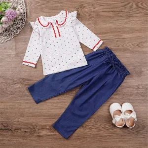 Toddler Girls Doll Collar Polka Dot Top & Denim Pants Wholesale Girl Clothing