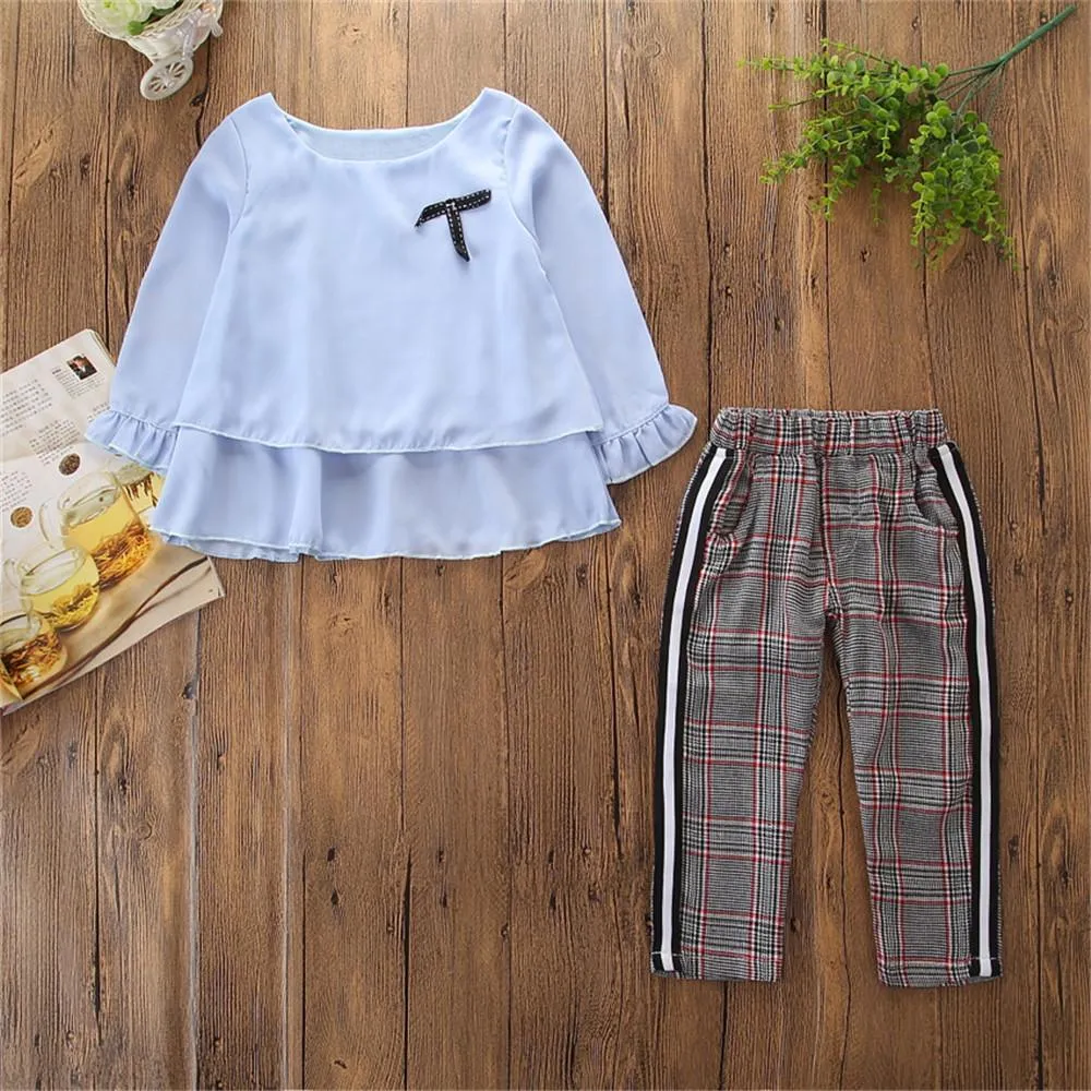 Toddler Girls Long Sleeve Casual Top & Plaid Pants Wholesale Girls