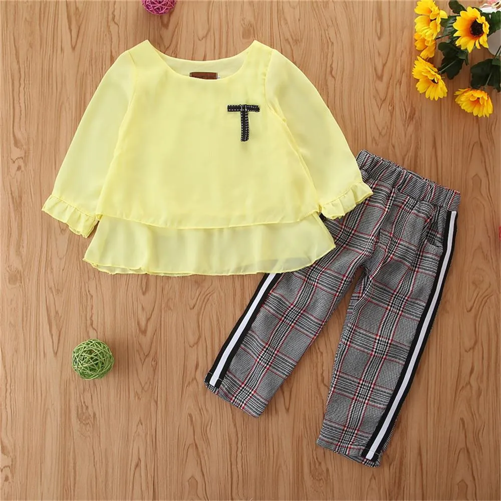 Toddler Girls Long Sleeve Casual Top & Plaid Pants Wholesale Girls