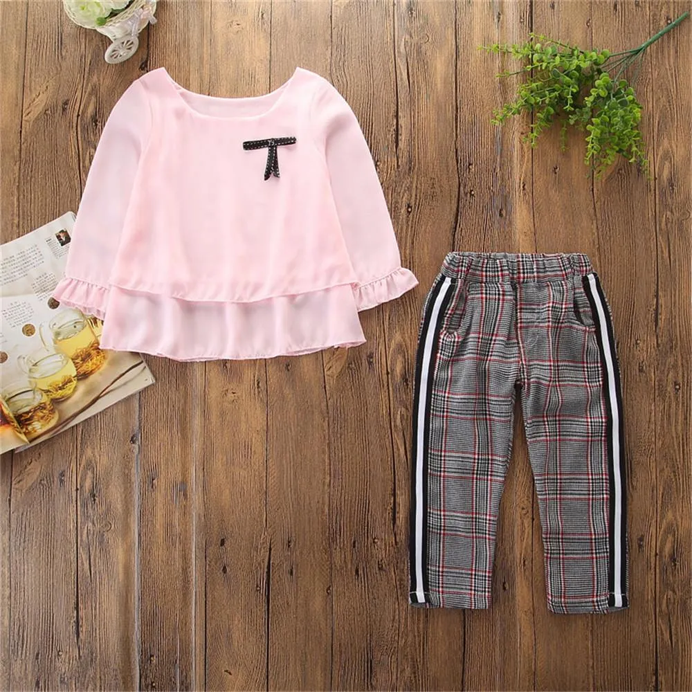 Toddler Girls Long Sleeve Casual Top & Plaid Pants Wholesale Girls