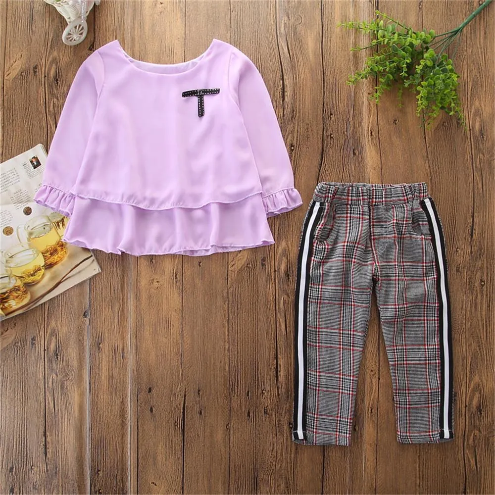 Toddler Girls Long Sleeve Casual Top & Plaid Pants Wholesale Girls