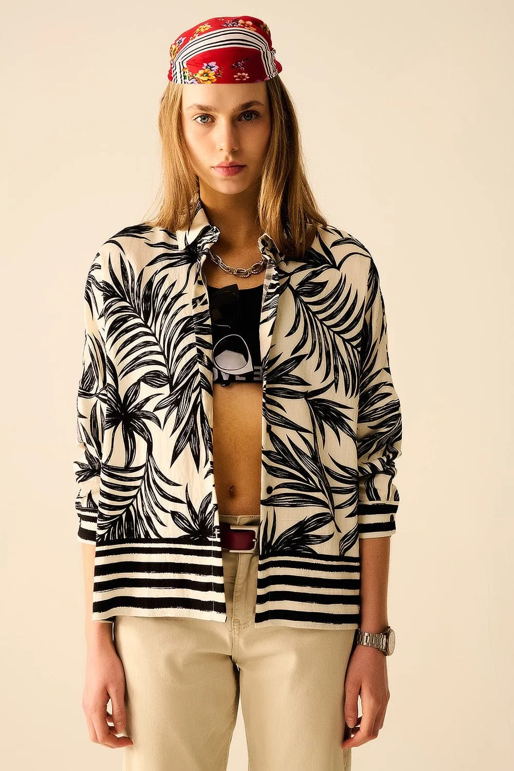 Tropical Motif Relaxed Blouse In Black And White