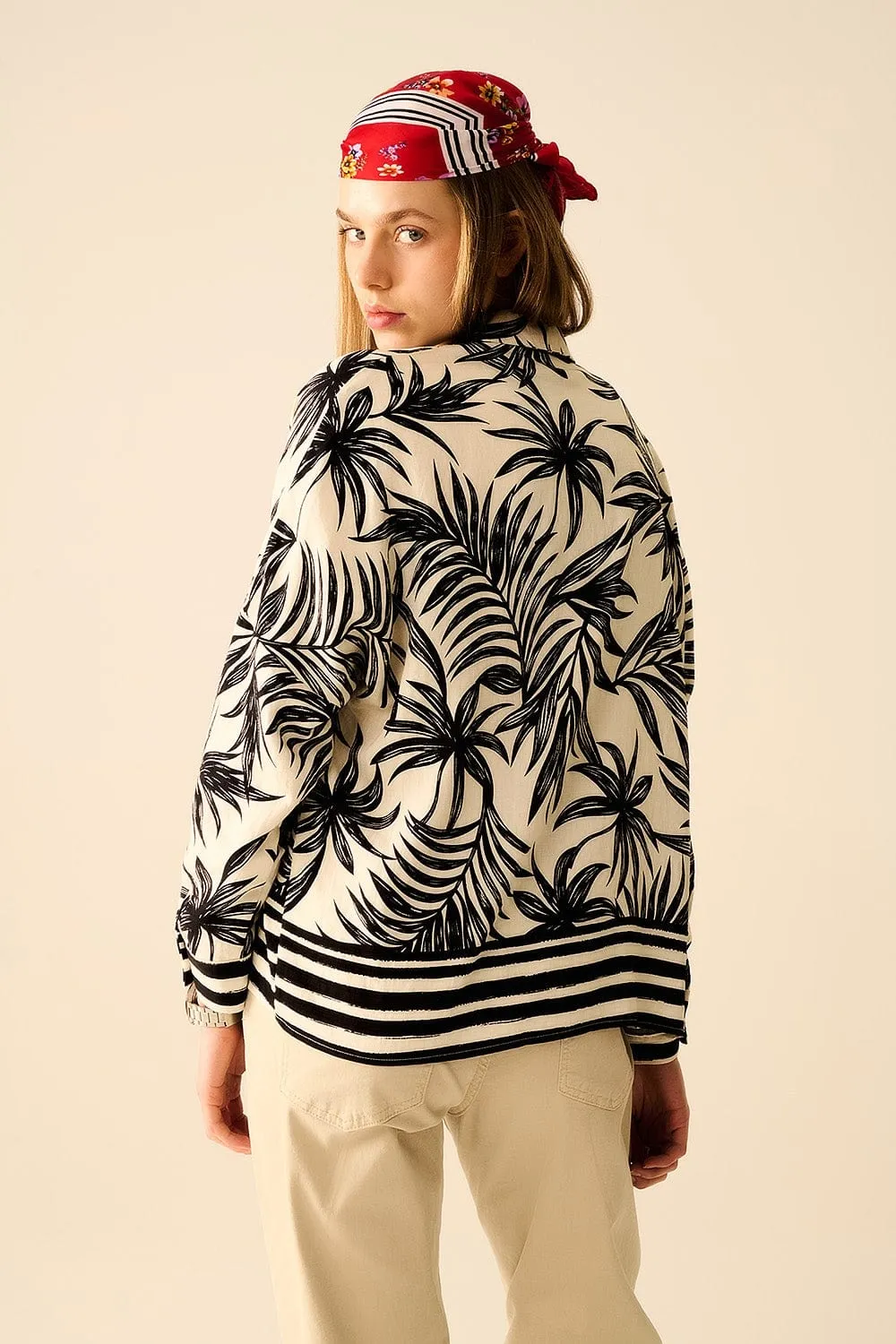 Tropical Motif Relaxed Blouse In Black And White
