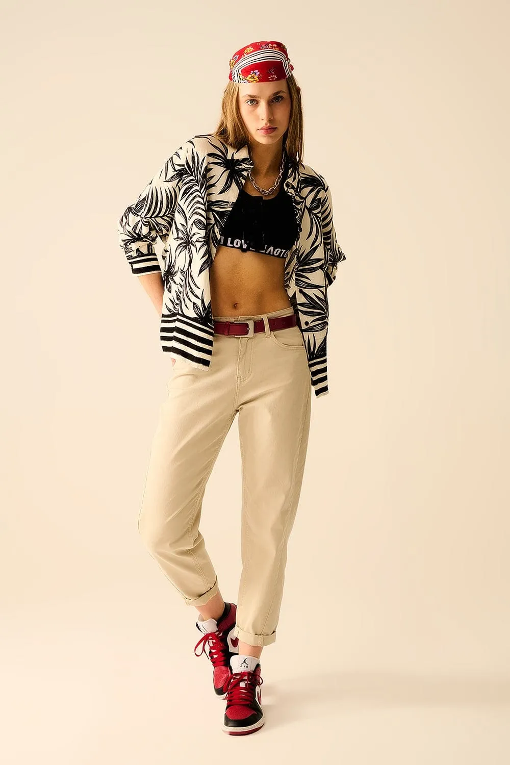 Tropical Motif Relaxed Blouse In Black And White