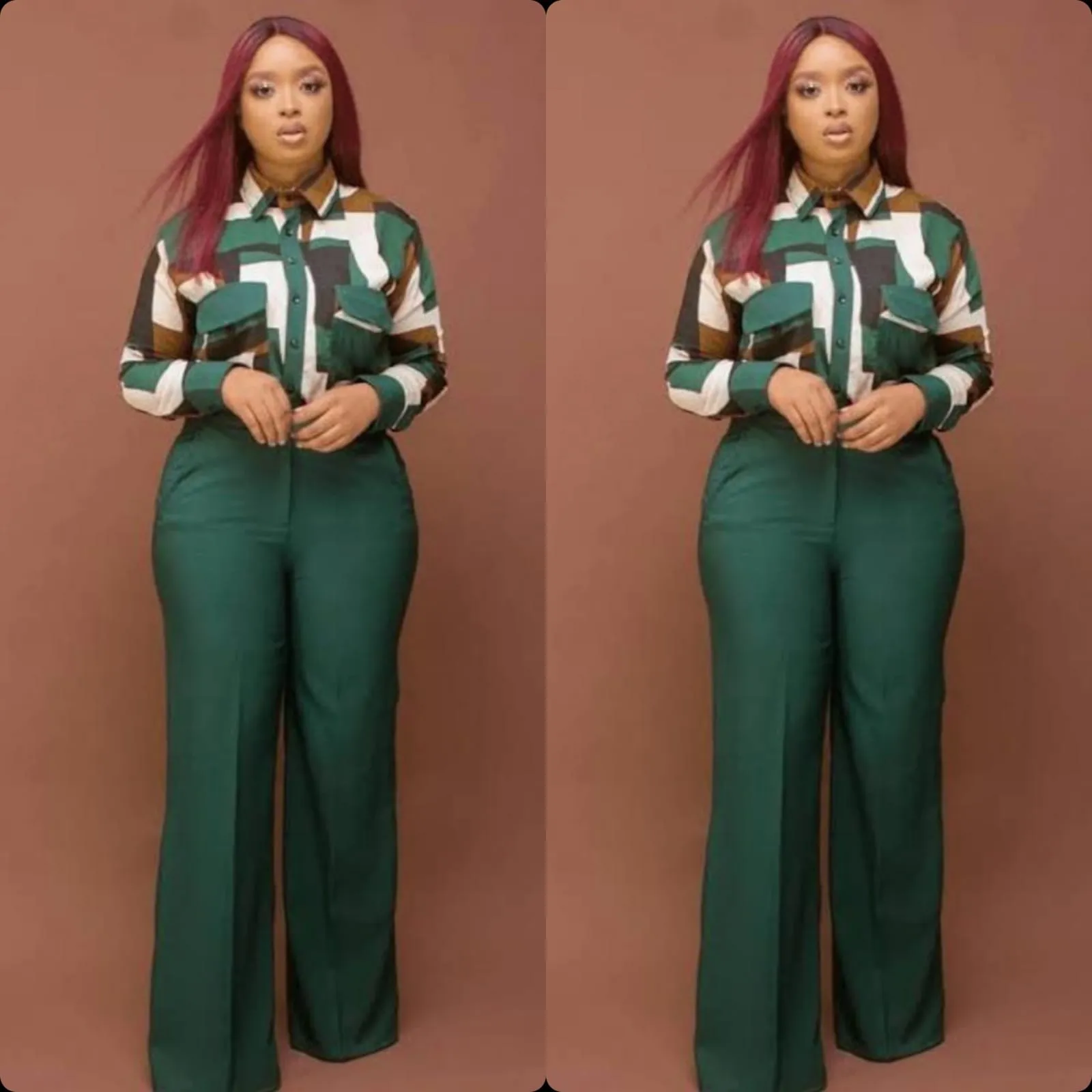 Wide-leg High waisted Pants & Printed Shirt Set