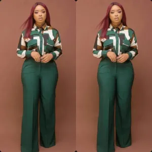 Wide-leg High waisted Pants & Printed Shirt Set