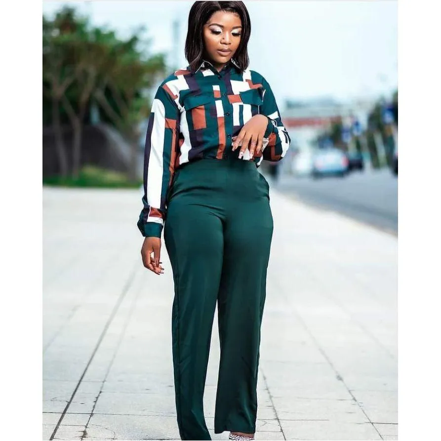 Wide-leg High waisted Pants & Printed Shirt Set