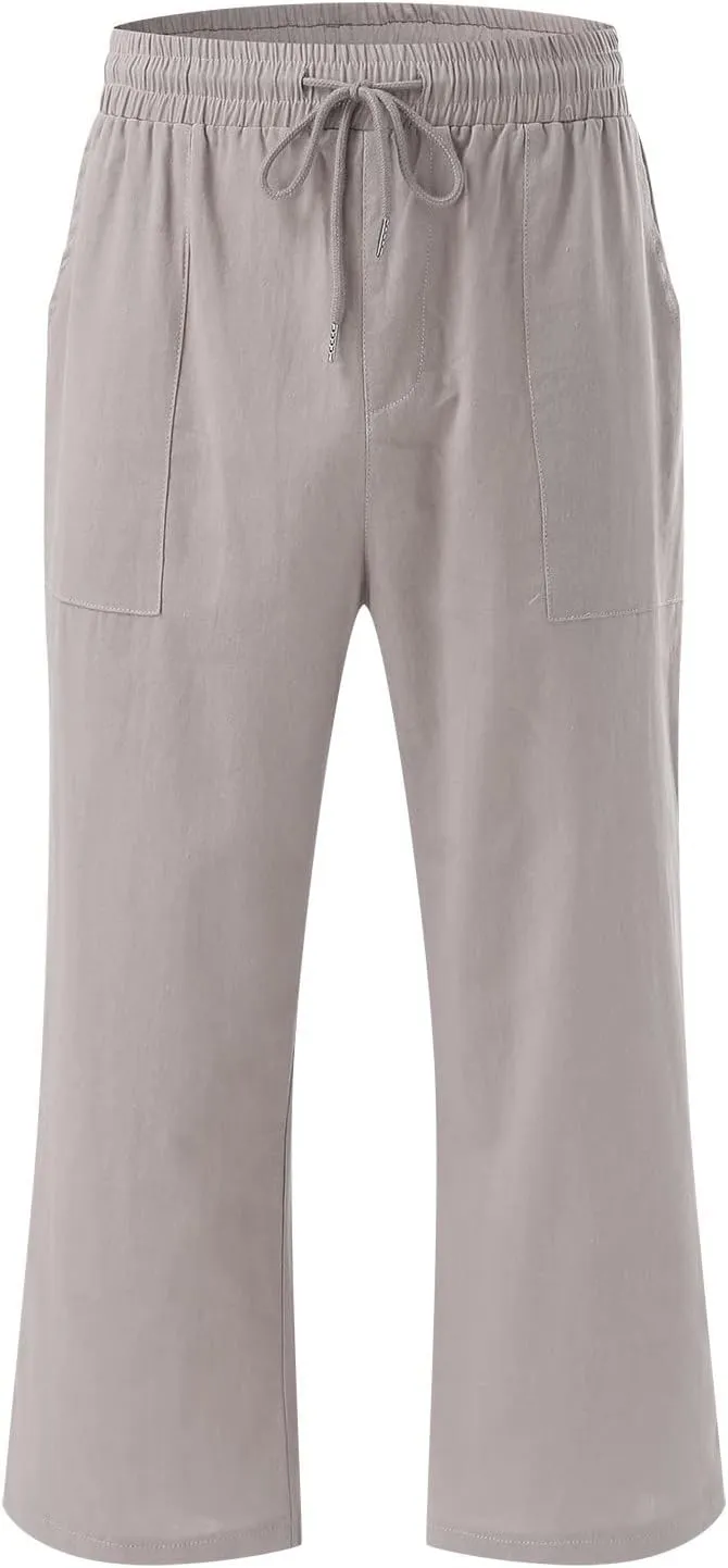 Women Capris Summer Cotton Linen Pants Casual Loose Lightweight Elastic Waisted Cropped Trouser Beach Pants