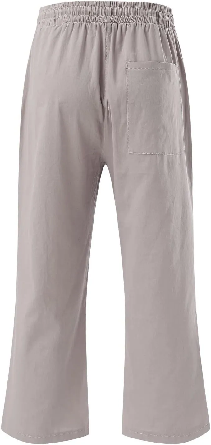 Women Capris Summer Cotton Linen Pants Casual Loose Lightweight Elastic Waisted Cropped Trouser Beach Pants