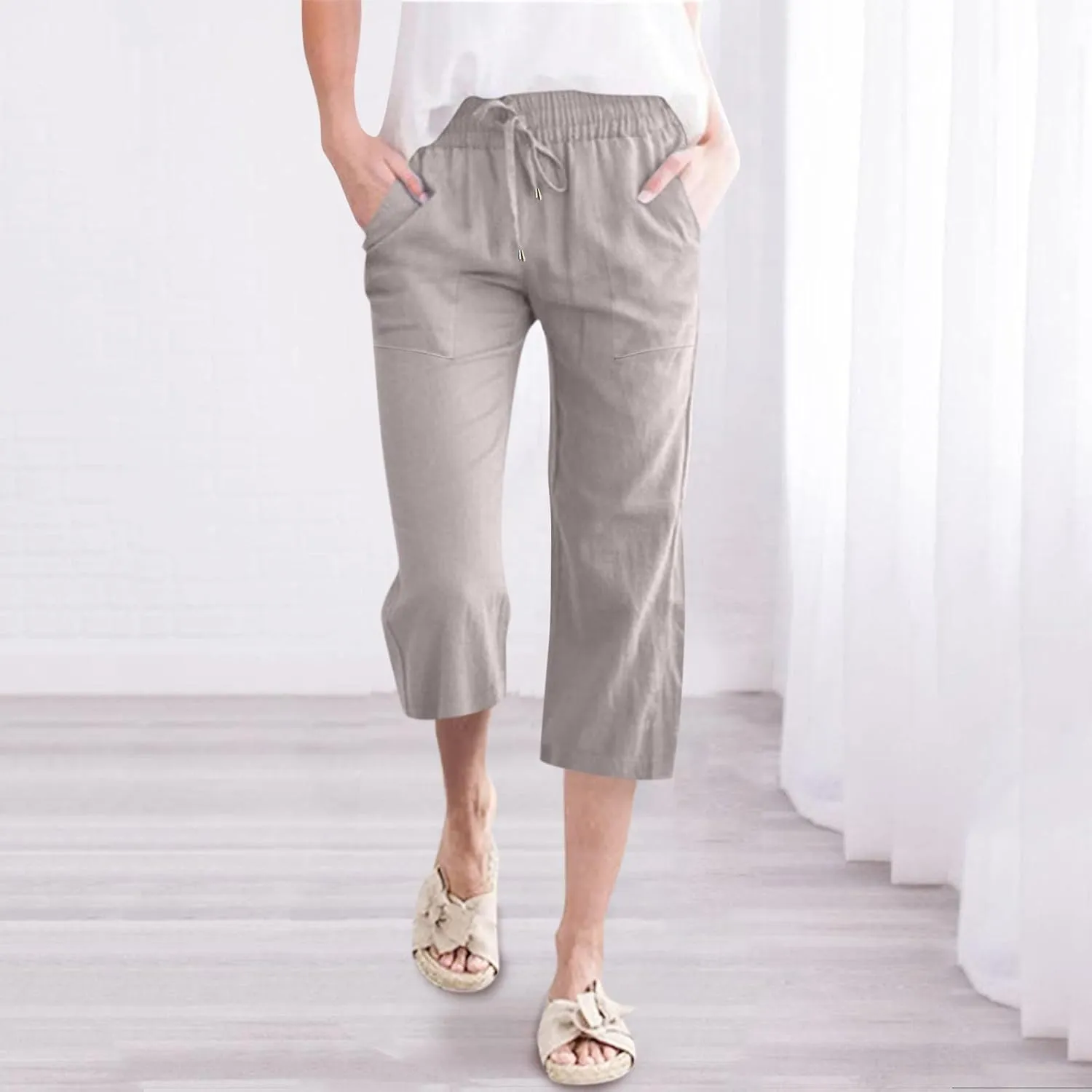 Women Capris Summer Cotton Linen Pants Casual Loose Lightweight Elastic Waisted Cropped Trouser Beach Pants