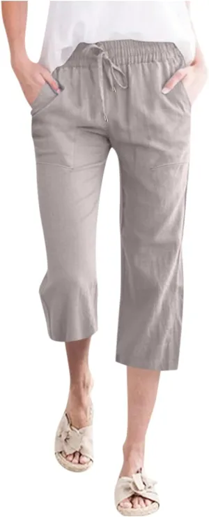Women Capris Summer Cotton Linen Pants Casual Loose Lightweight Elastic Waisted Cropped Trouser Beach Pants
