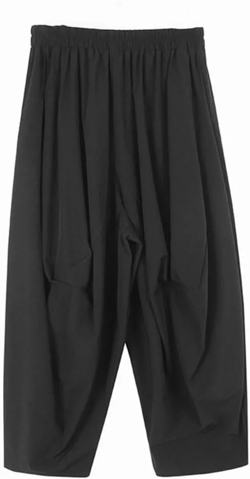 Women High Elastic Waist Black Pleated Long Harem Pants Loose Fit Trousers
