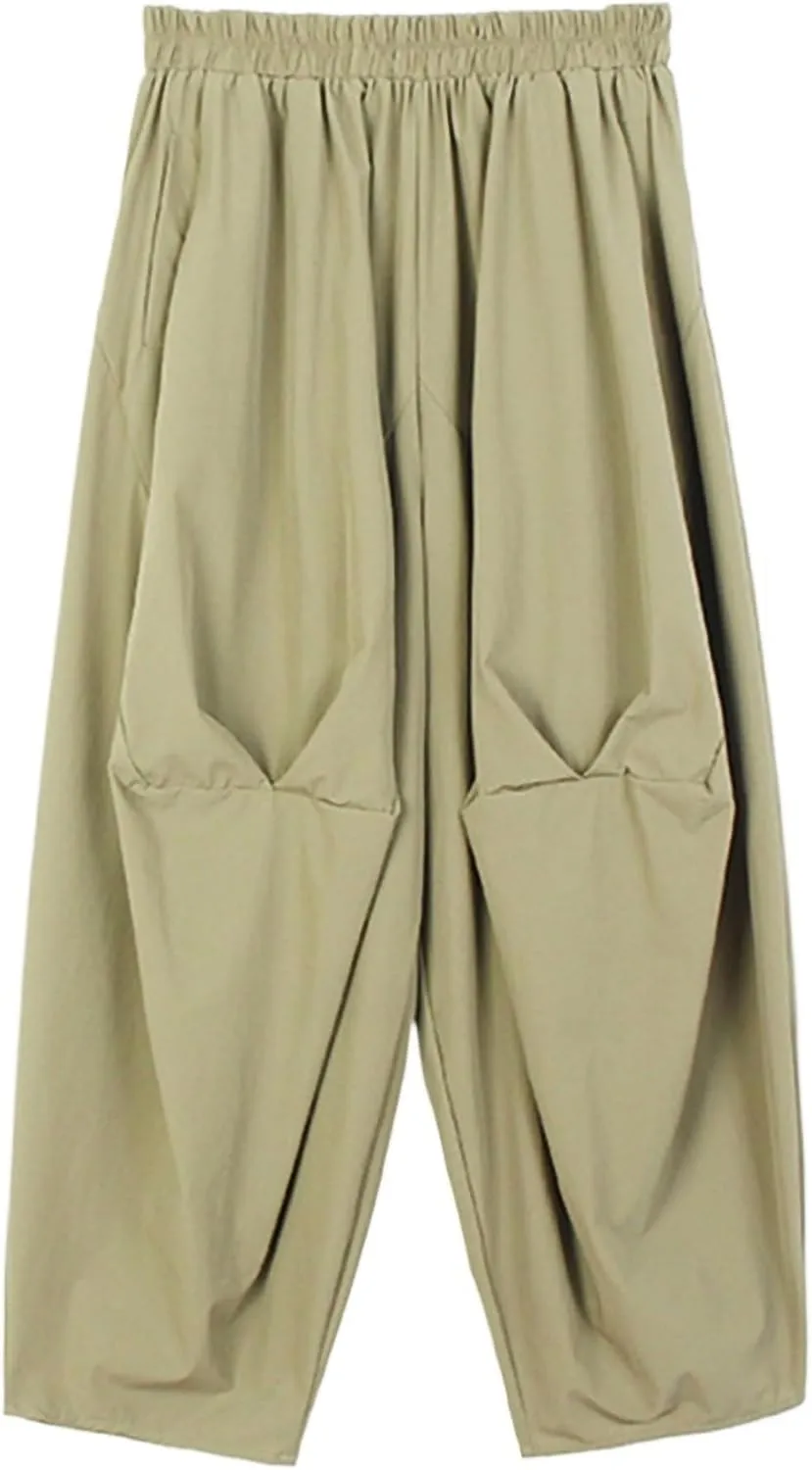 Women High Elastic Waist Black Pleated Long Harem Pants Loose Fit Trousers