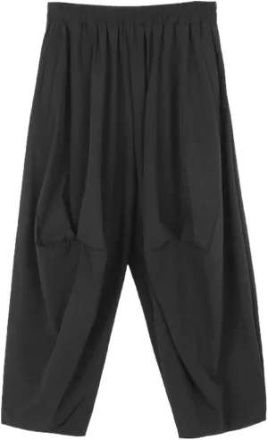 Women High Elastic Waist Black Pleated Long Harem Pants Loose Fit Trousers