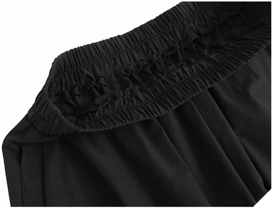 Women High Elastic Waist Black Pleated Long Harem Pants Loose Fit Trousers