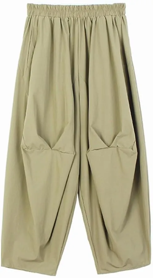 Women High Elastic Waist Black Pleated Long Harem Pants Loose Fit Trousers