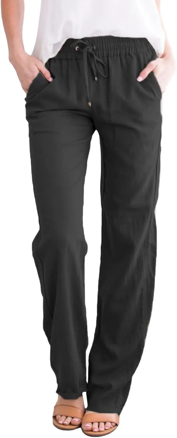 Women Linen Summer Lightweigt Palazzo Pants Elastic Waist Ankle Length Loose Fit Palazzo Pants Business Work