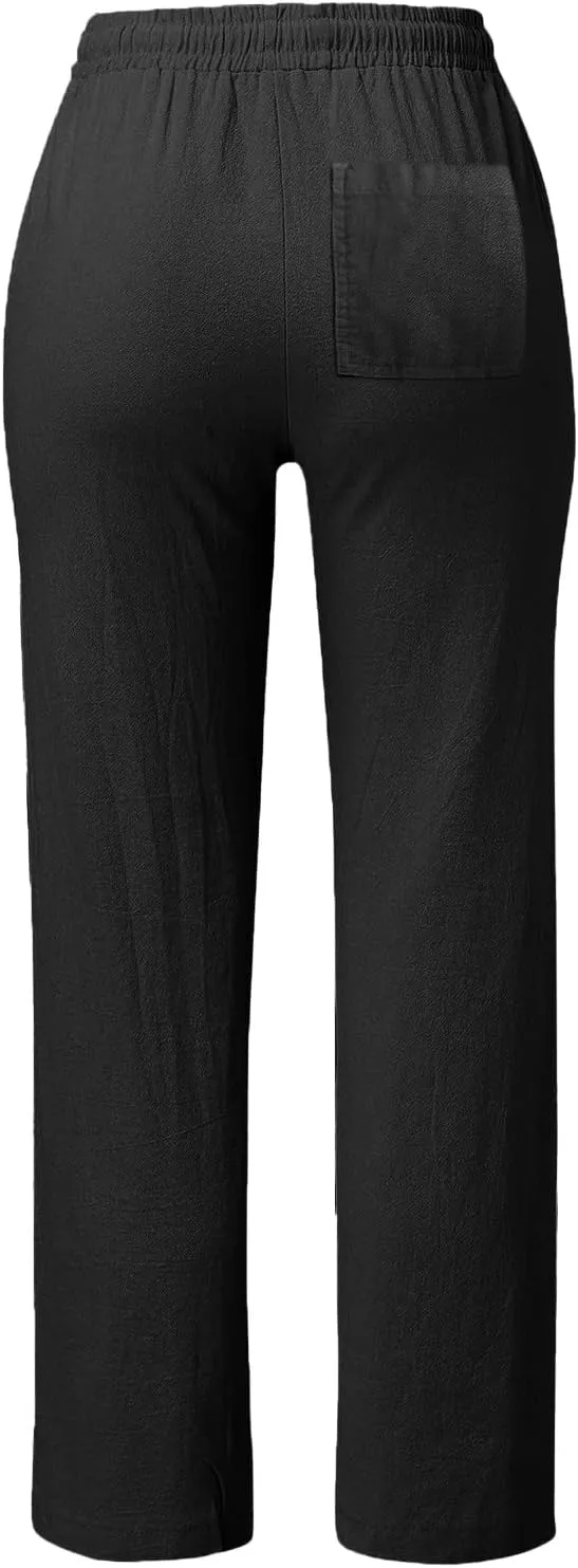 Women Linen Summer Lightweigt Palazzo Pants Elastic Waist Ankle Length Loose Fit Palazzo Pants Business Work