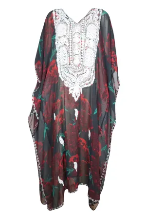 Women Maxi Dress Georgette Red  Floral Embroidered Resort Wear Dresses, 4XL