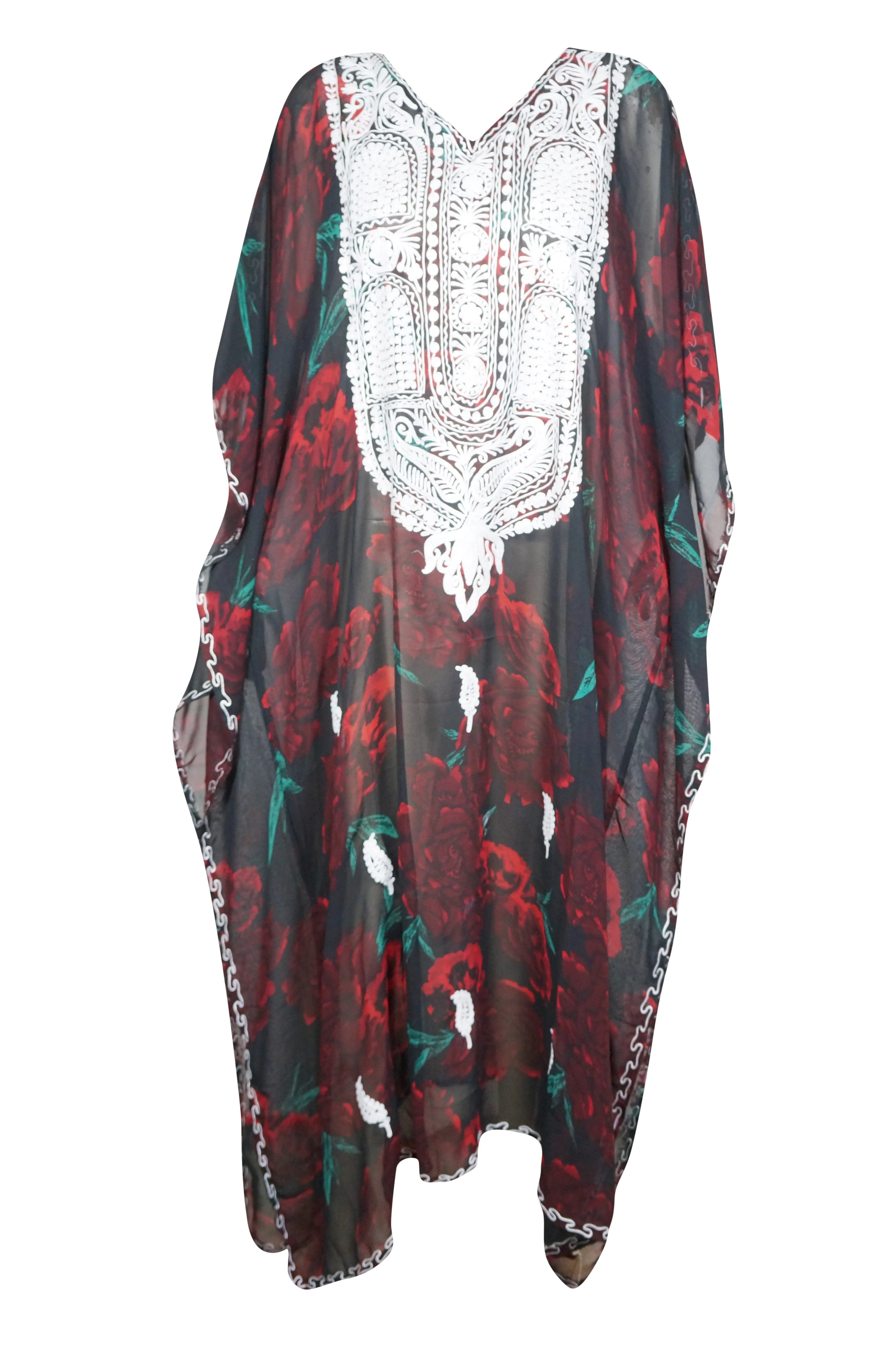 Women Maxi Dress Georgette Red  Floral Embroidered Resort Wear Dresses, 4XL