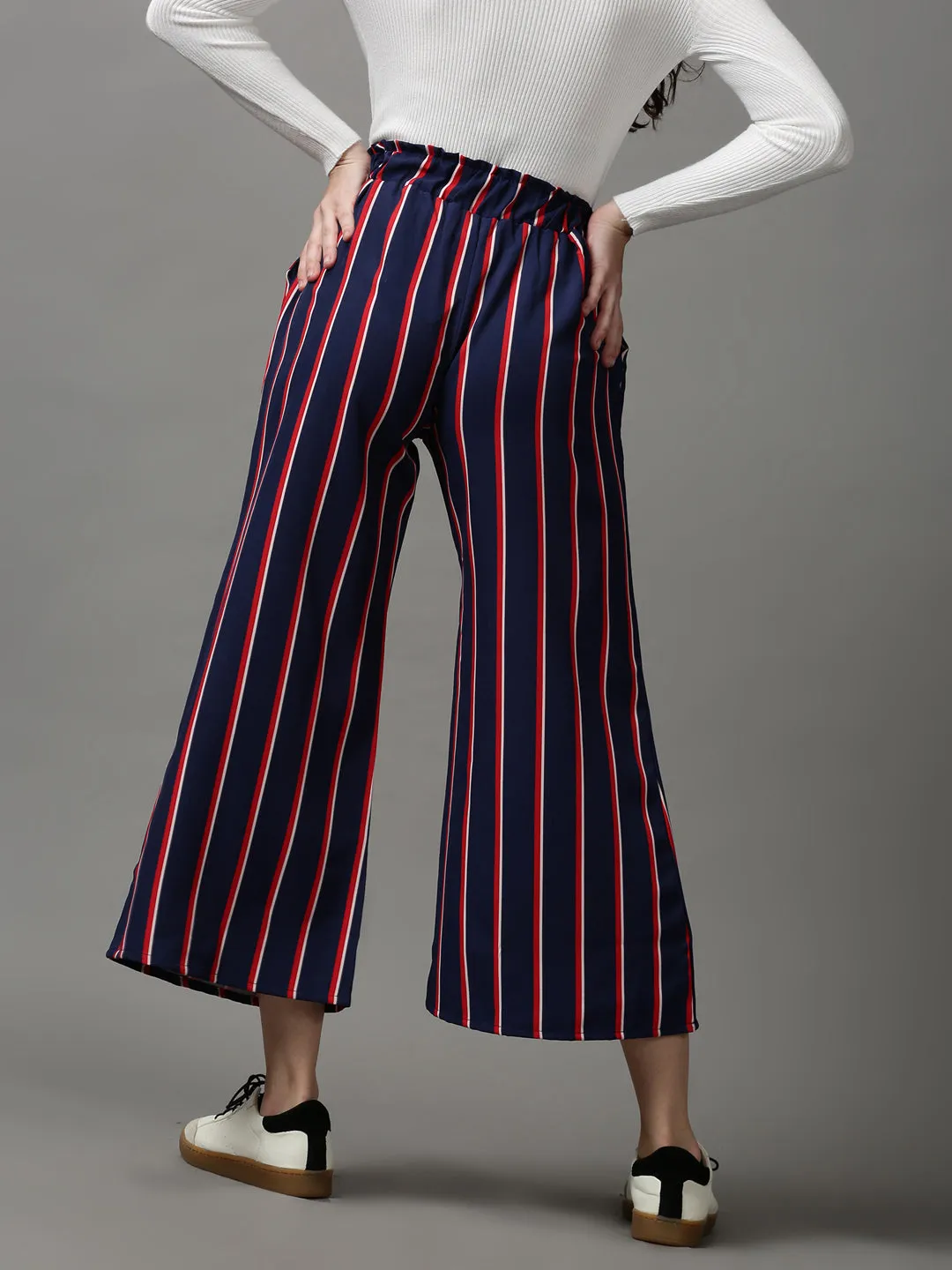 Women Navy Blue Striped Loose Fit Trousers