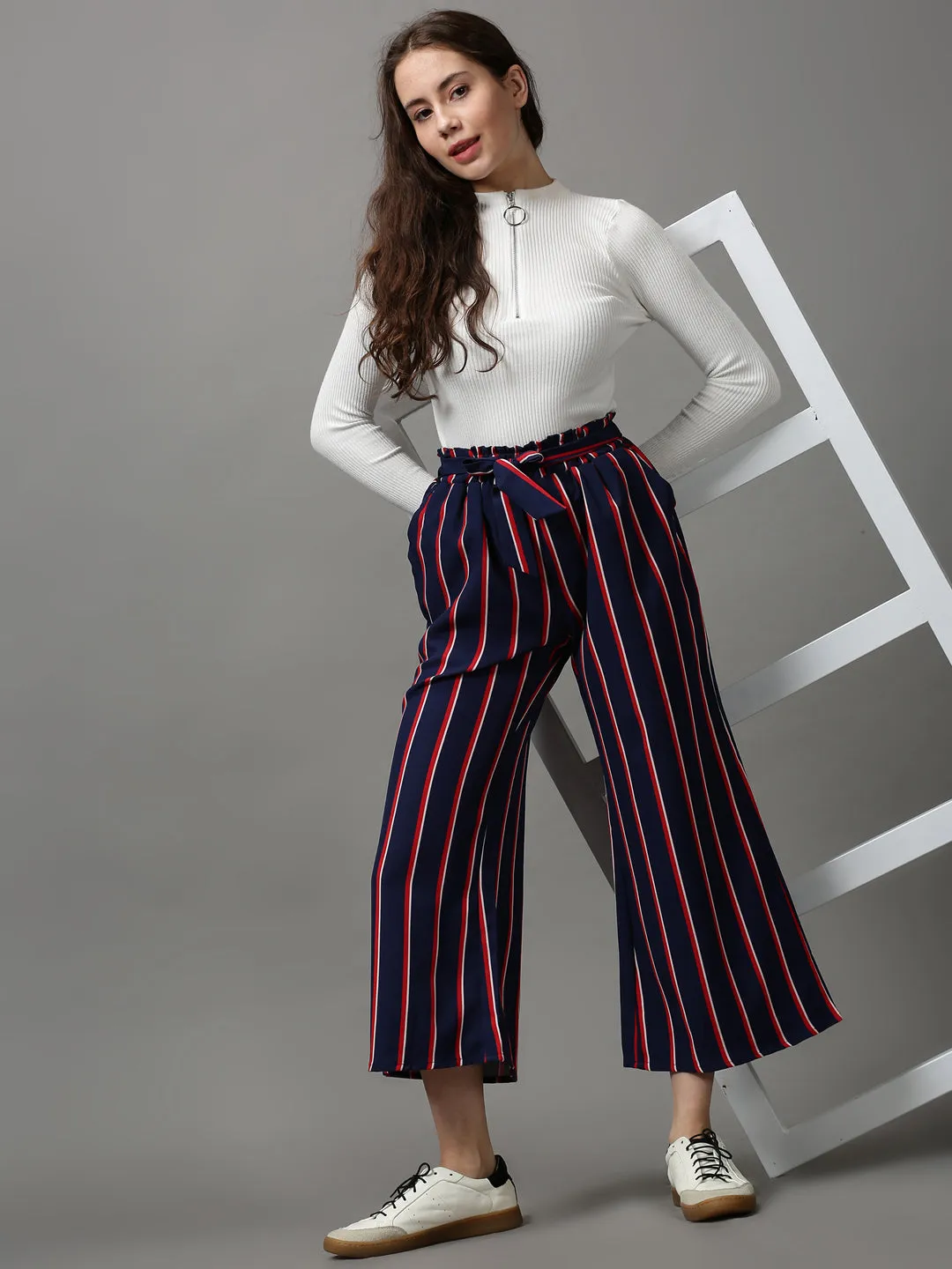Women Navy Blue Striped Loose Fit Trousers
