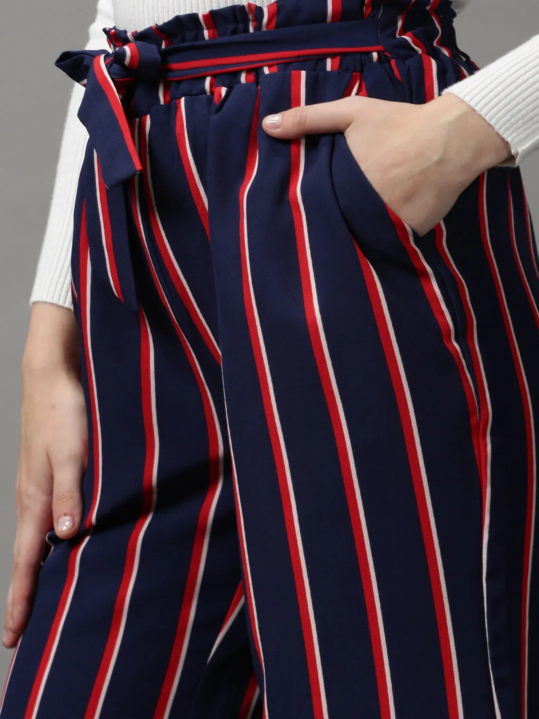 Women Navy Blue Striped Loose Fit Trousers