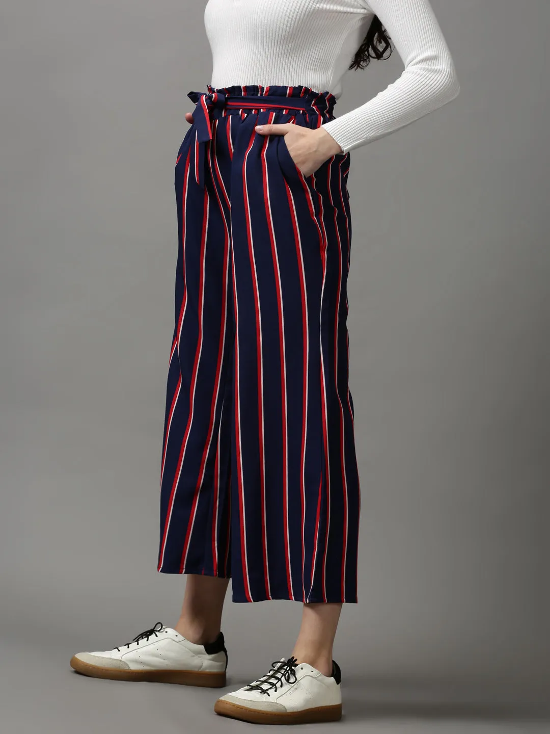Women Navy Blue Striped Loose Fit Trousers
