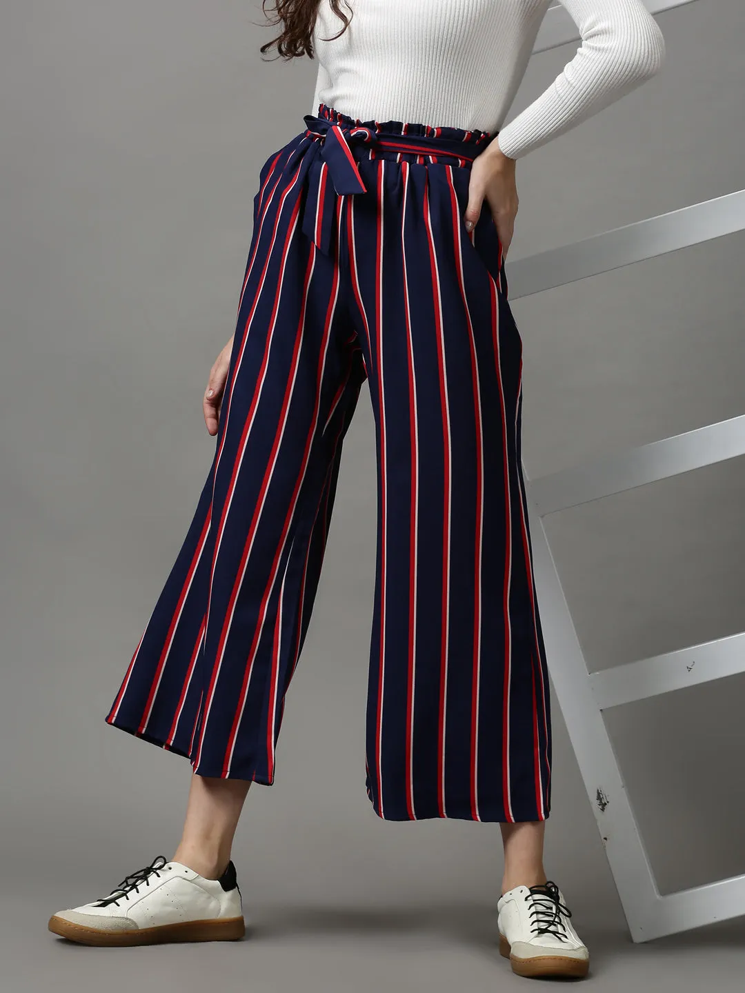 Women Navy Blue Striped Loose Fit Trousers