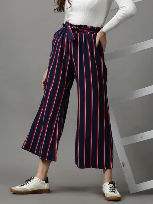 Women Navy Blue Striped Loose Fit Trousers