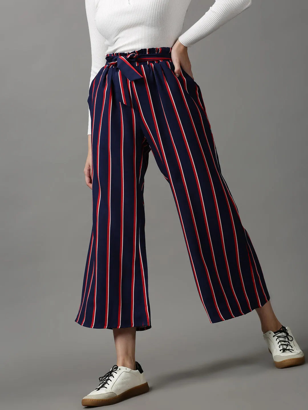 Women Navy Blue Striped Loose Fit Trousers