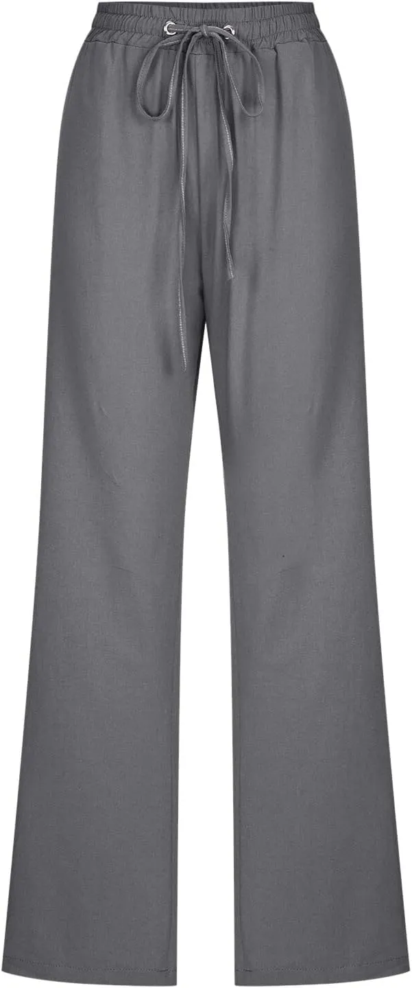 Womens Cotton Linen Summer Boho Palazzo Lounge Pants Low Waist Stretchy Loose Fit Trouser Office