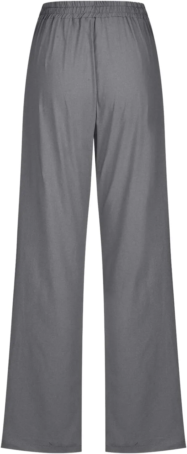 Womens Cotton Linen Summer Boho Palazzo Lounge Pants Low Waist Stretchy Loose Fit Trouser Office