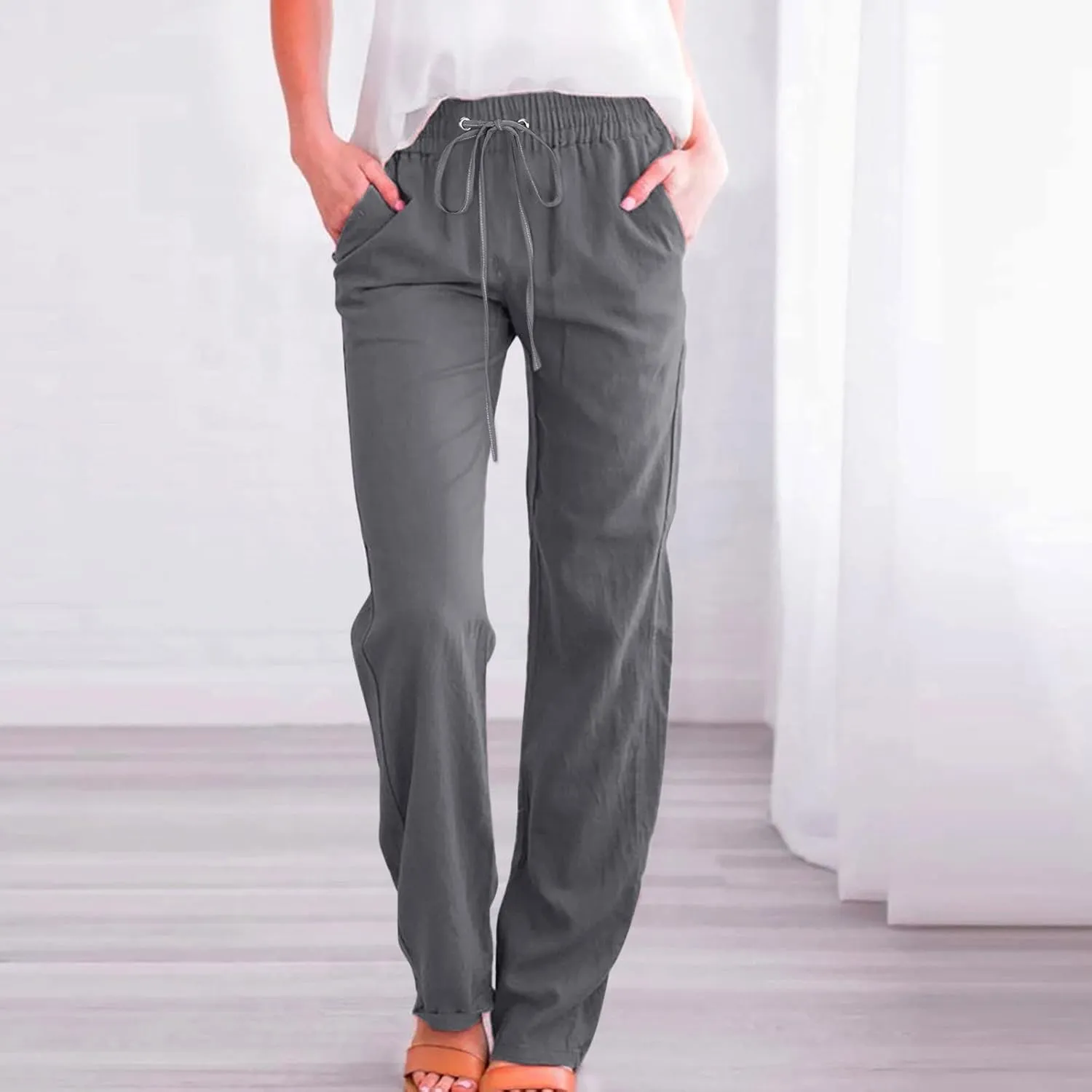 Womens Cotton Linen Summer Boho Palazzo Lounge Pants Low Waist Stretchy Loose Fit Trouser Office