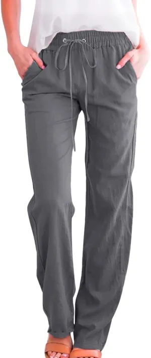 Womens Cotton Linen Summer Boho Palazzo Lounge Pants Low Waist Stretchy Loose Fit Trouser Office