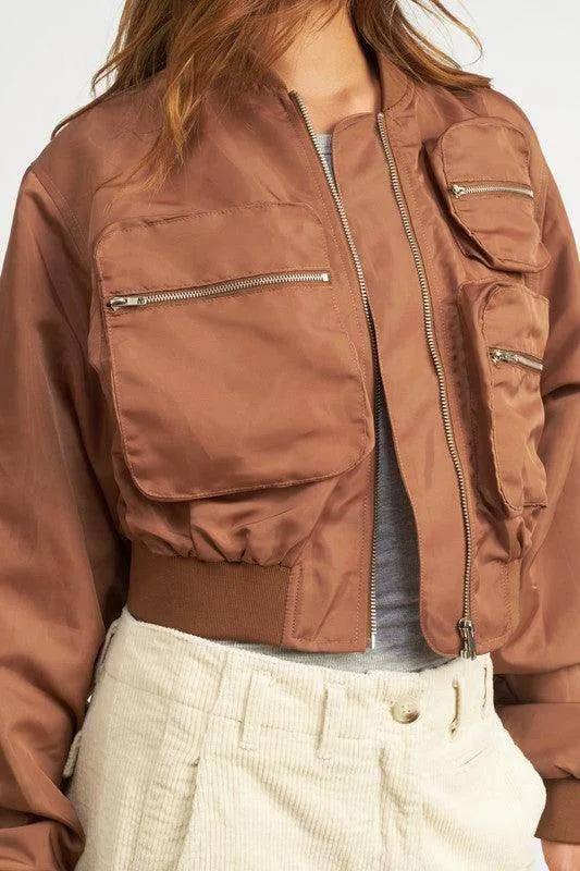 Womens Cropped Bomber Jackets Black Brown