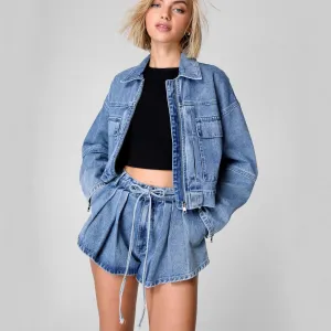 Womens Denim Jacket  Oversized Fit  Cropped Length  Zip Front  Utility Pockets