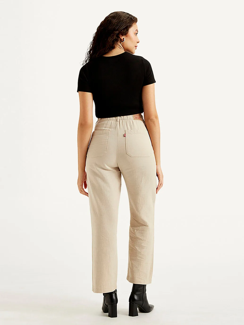 Women's High Rise Beige Loose Fit Trousers