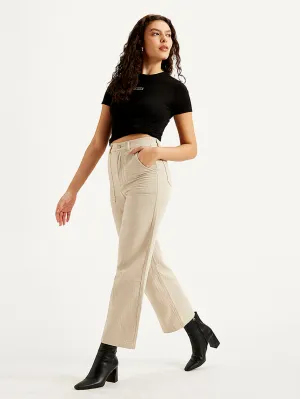 Women's High Rise Beige Loose Fit Trousers